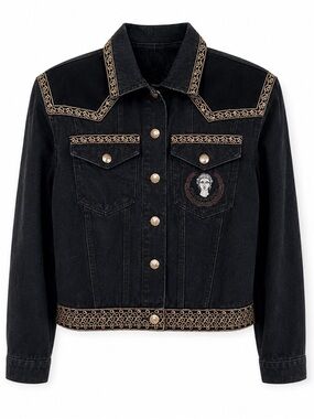 1990’s Roccobarocco Designer Black Velvet & Denim Embroidered Jacket,NWOT